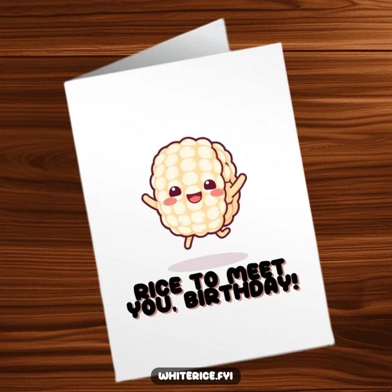 Funny Free Printable Birthday Card: A cheerful Kawaii grain of rice character caught mid-jump, looking delighted.