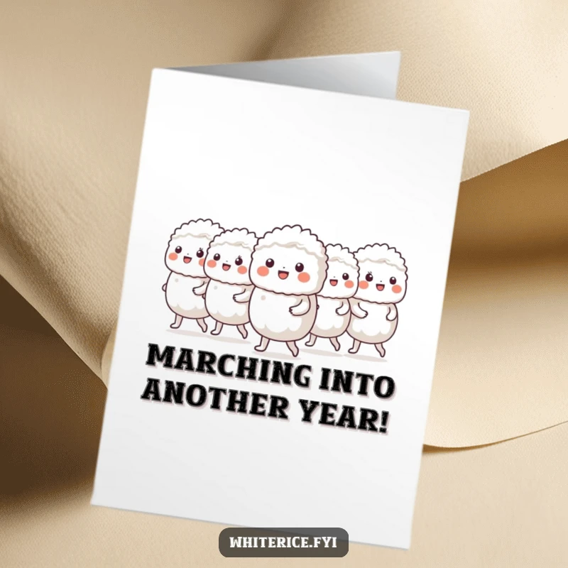 Funny Free Printable birthday card: a cheerful group of white rice characters marches in a neat line, birthday parade.