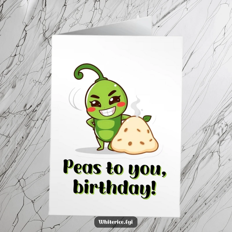 Funny Free Printable Birthday Card: A proud green pea grins next to a steaming mound.