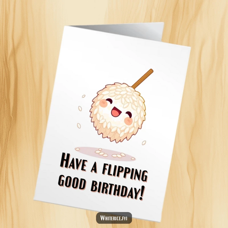 Funny Free Printable Birthday Card: Playful rice grain doing a somersault near a chopstick, celebrating a birthday. Energetic downloadable gift.