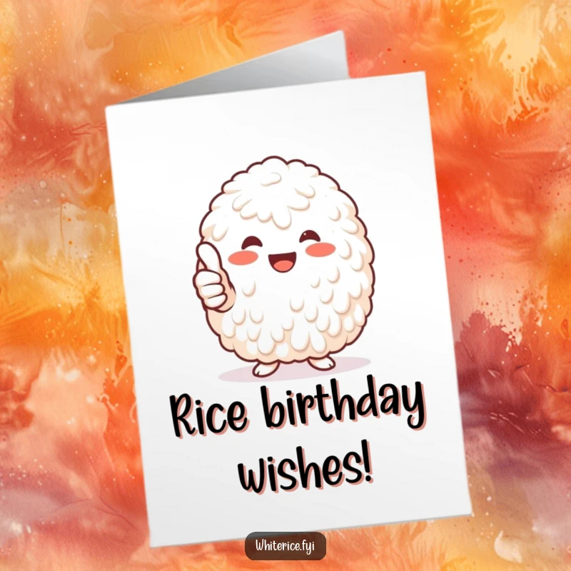 Funny Free Printable Birthday Card: A cheerful heap of white rice giving a big thumbs-up gesture, radiating positivity and fun.