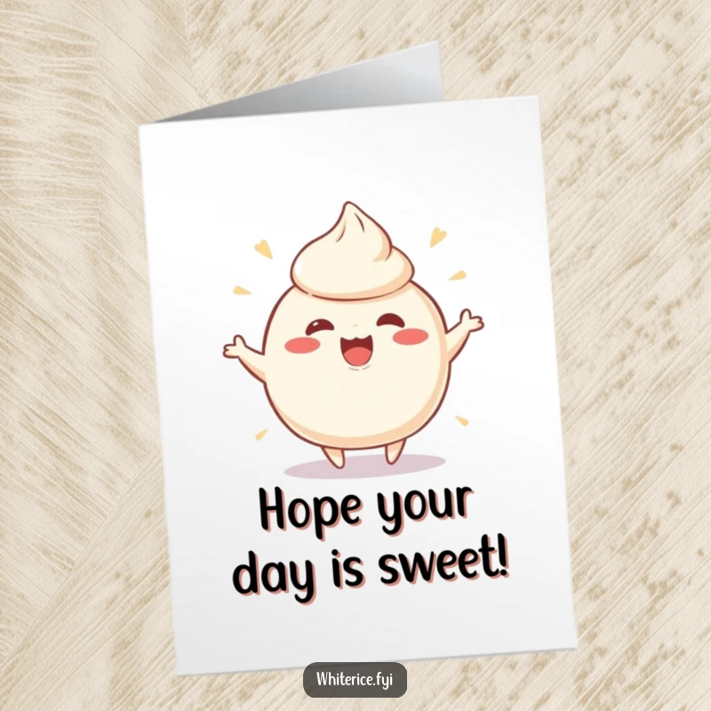 Funny Free Printable Birthday Card featuring a wobbly, ecstatic rice pudding character doing a happy dance.
