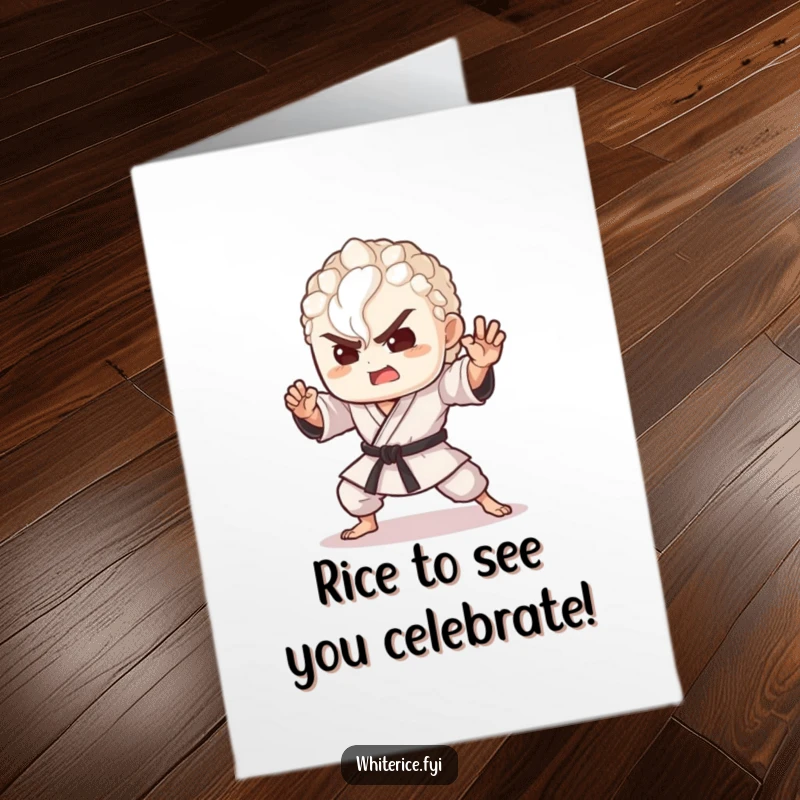 Funny Free Printable Birthday Card: Delighted rice grain in a dynamic martial arts stance, ready to deliver birthday wishes.