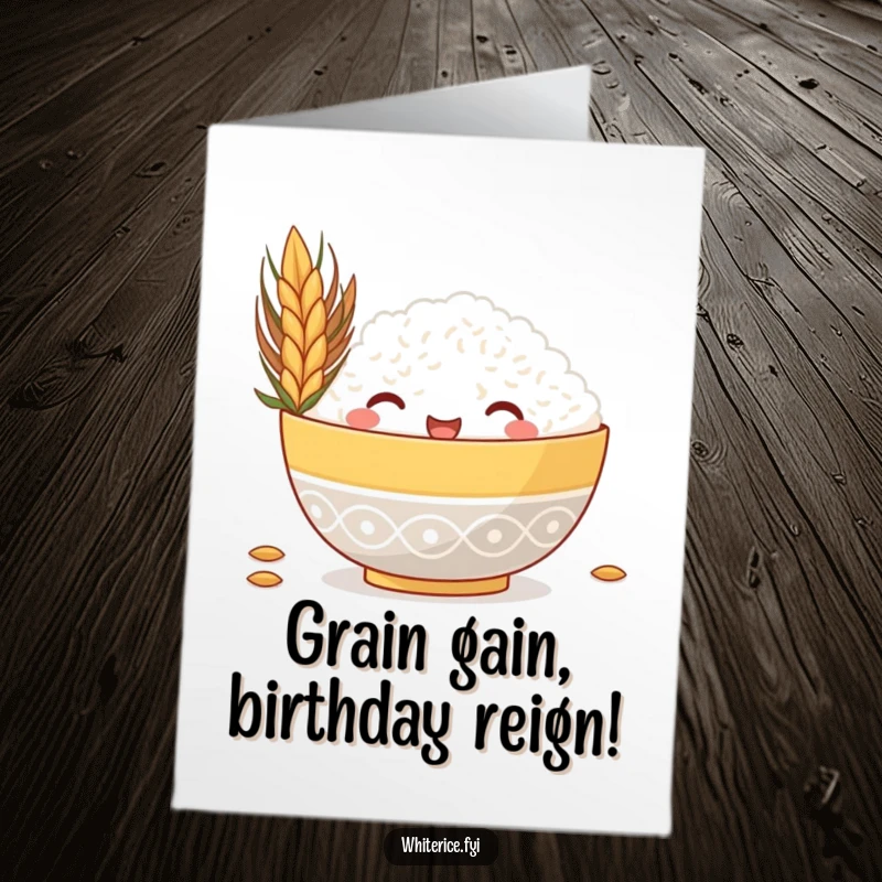 Funny Free Printable Birthday Card featuring a happy rice bowl peeking from behind a giant grain, ready to deliver birthday cheer.