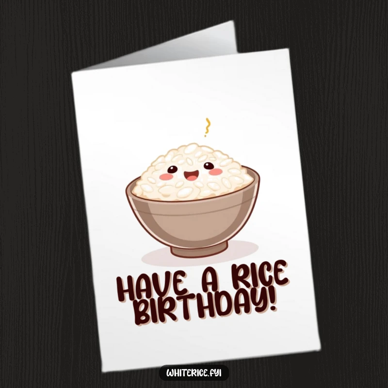 Funny Free Printable Birthday Card: A small, happy rice grain rests contentedly in a serving bowl, ready for celebration.