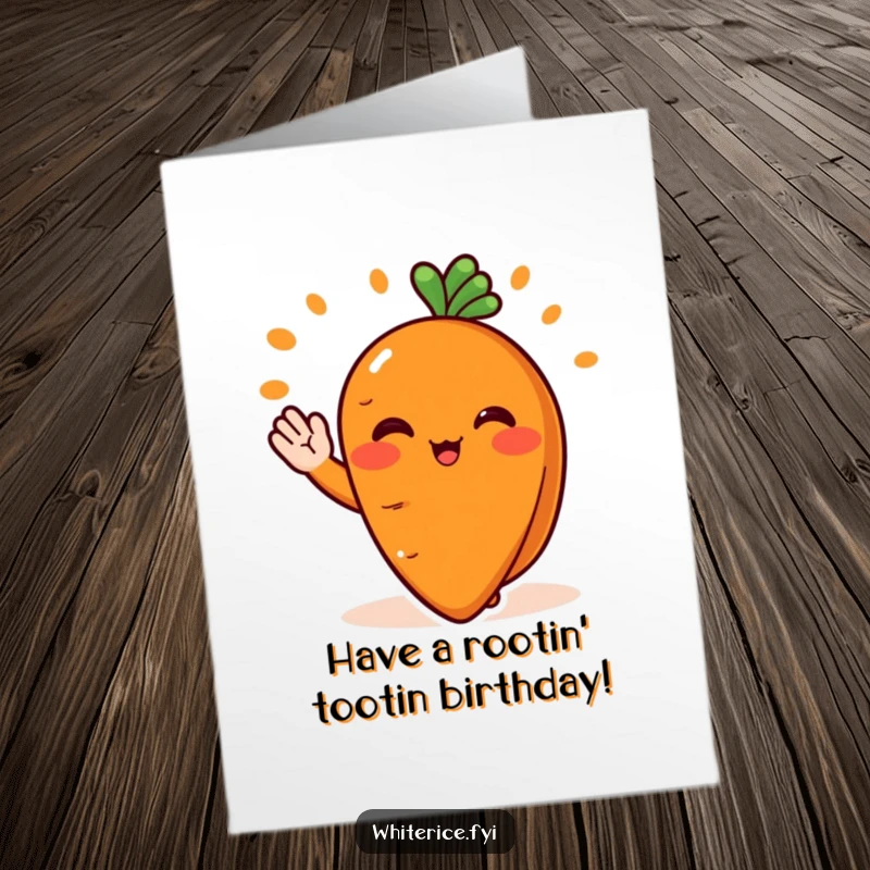 Funny Free Printable birthday card featuring a blushing orange carrot slice character cheerfully waving as it serves a perfect portion with a smile.