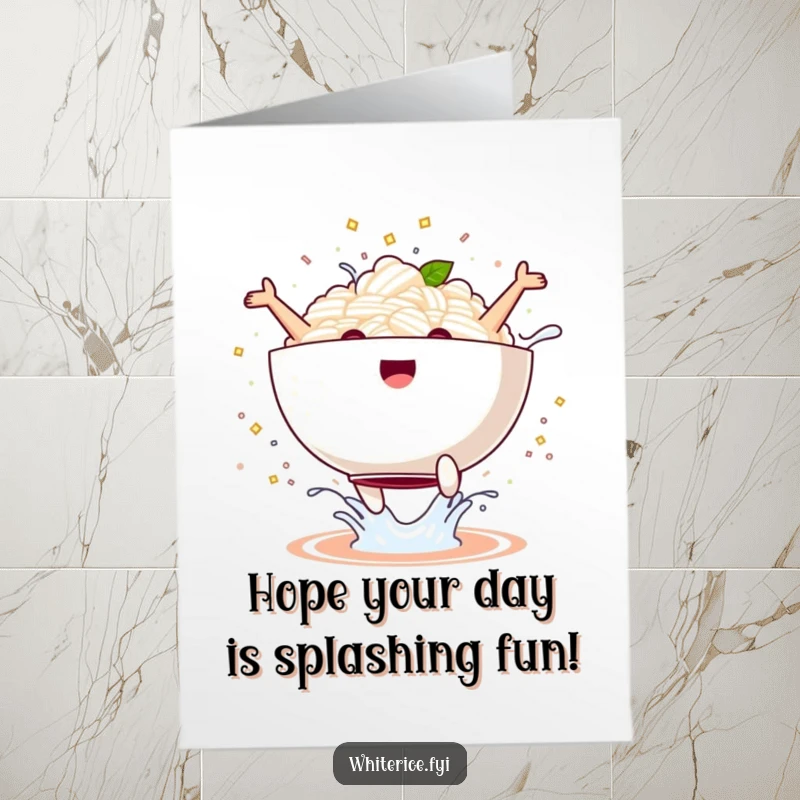 Funny Free Printable Birthday Card: A kawaii rice bowl leaps joyfully, creating a fun splash, ready for birthday festivities.