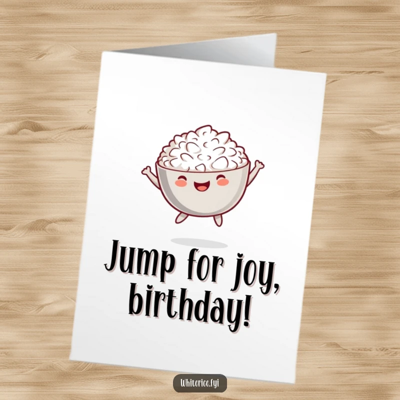 Funny Free Printable Birthday Card showing a cheerful bowl of white rice mid-air in a playful jump, radiating birthday happiness.