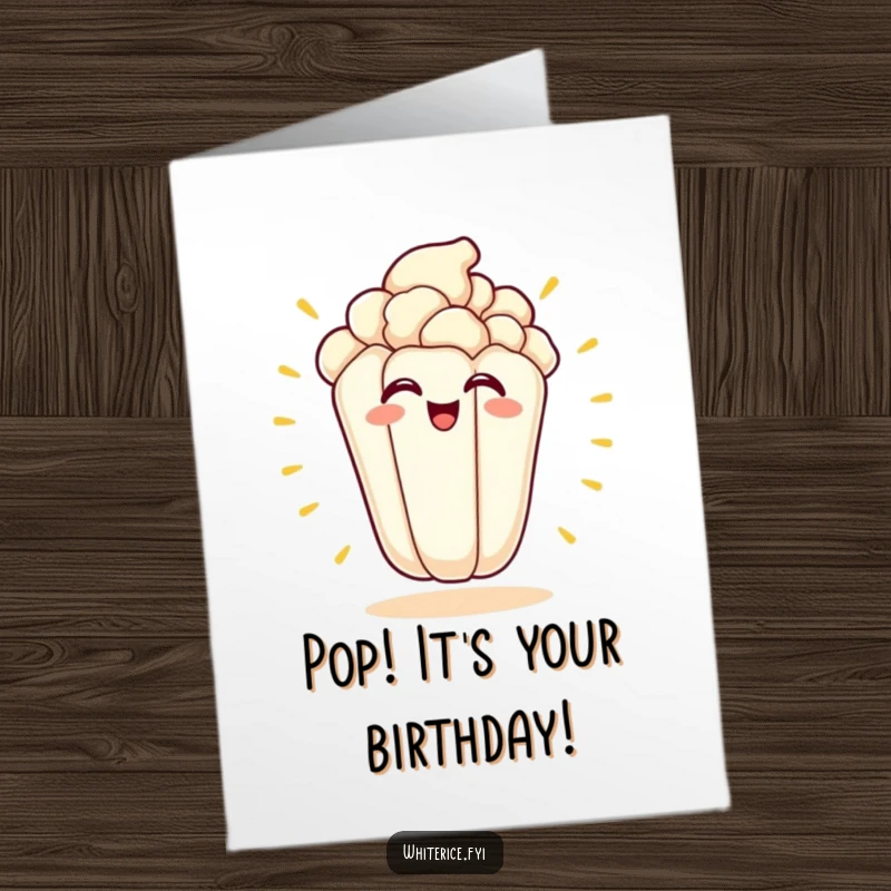 Funny Free Printable Birthday Card: A kawaii popcorn kernel excitedly popping with a huge grin for a birthday.
