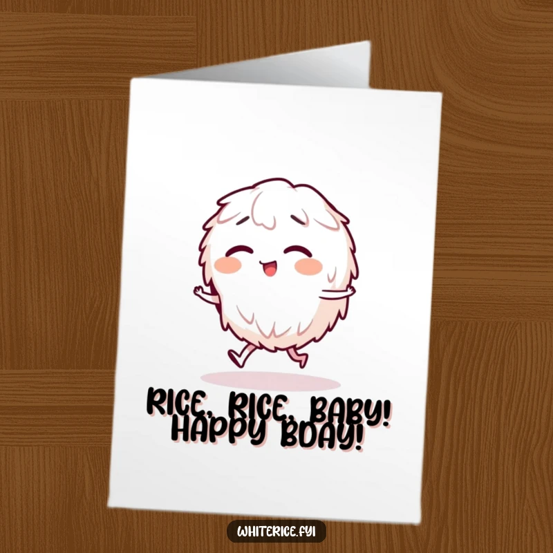 Funny Free Printable Birthday Card featuring a giggling rice character doing a humorous little stagger, spreading birthday joy.