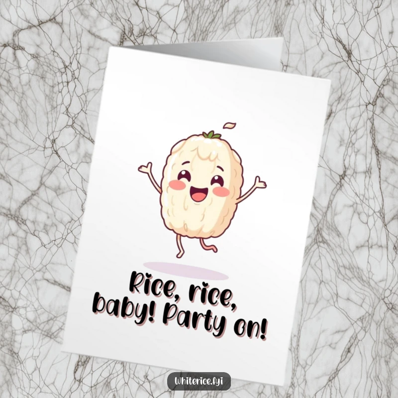 Funny Free Printable Birthday Card featuring a jubilant, dancing rice grain character spreading joy and laughter.