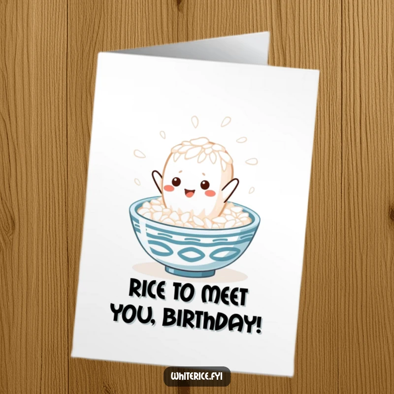 Funny Free Printable Birthday Card: Kawaii white rice grain joyfully leaping into a steaming bowl, celebrating with excitement.