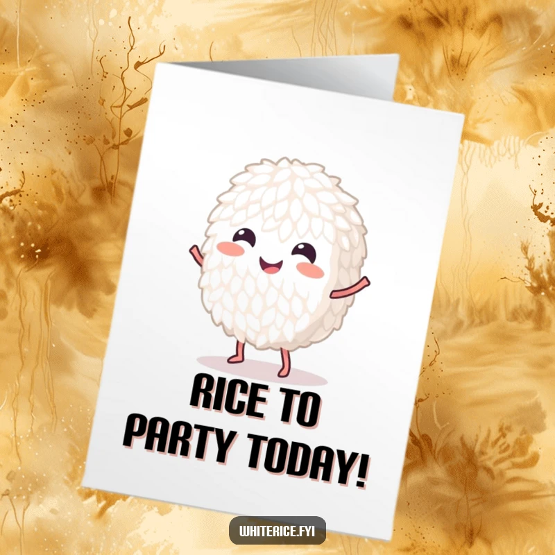 Funny Free Printable Birthday Card: A happy white rice grain doing a jubilant dance, spreading cheer and laughter.