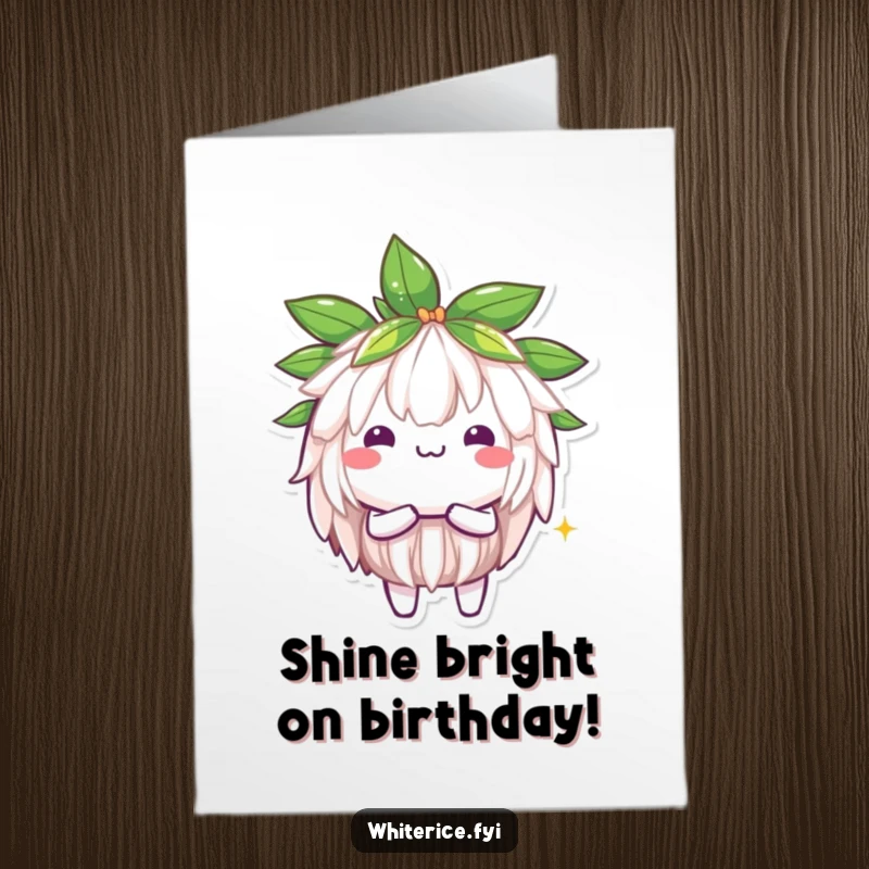 Funny Free Printable Birthday Card: A glowing Kawaii jasmine rice character emitting bright, happy light.