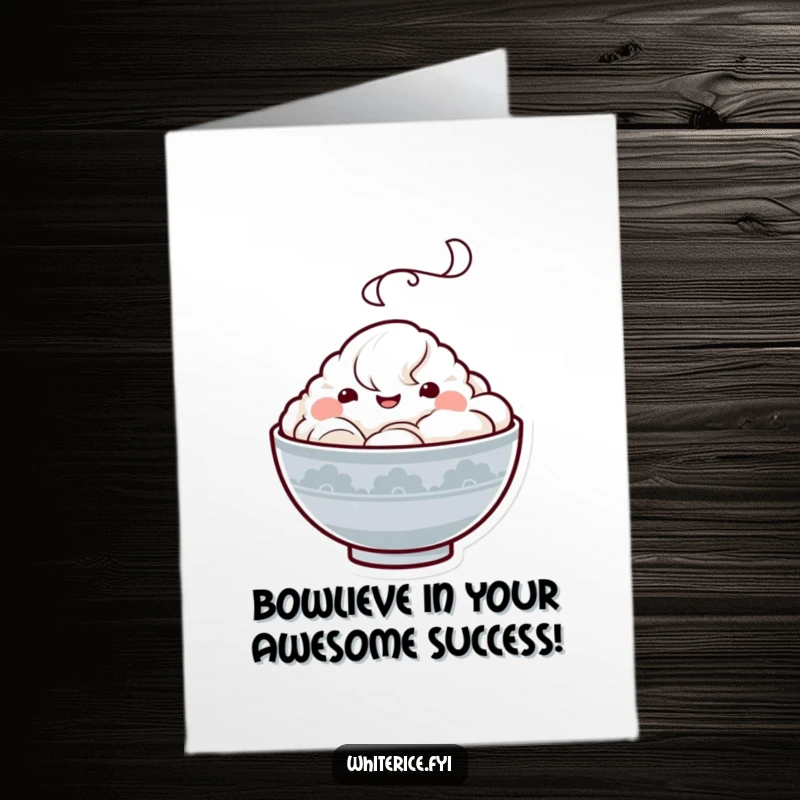 Funny free printable congratulations card with a joyful Kawaii rice bowl character, steam rising, celebrating success.