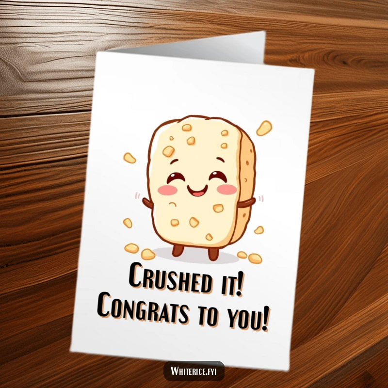 Funny Free Printable Congratulations Card: A small rice cracker character crumbling with a happy, celebratory crunch.