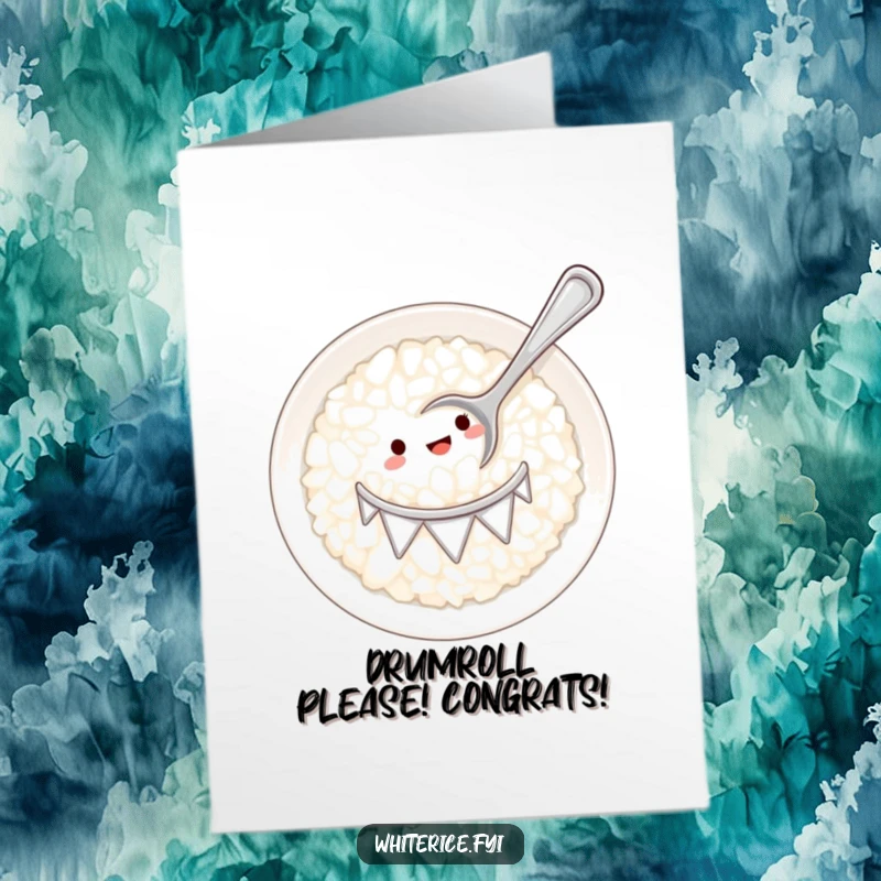 Funny Free Printable Congratulations Card: A tiny spoon drumming on a plate of white rice, symbolizing a hit celebration.