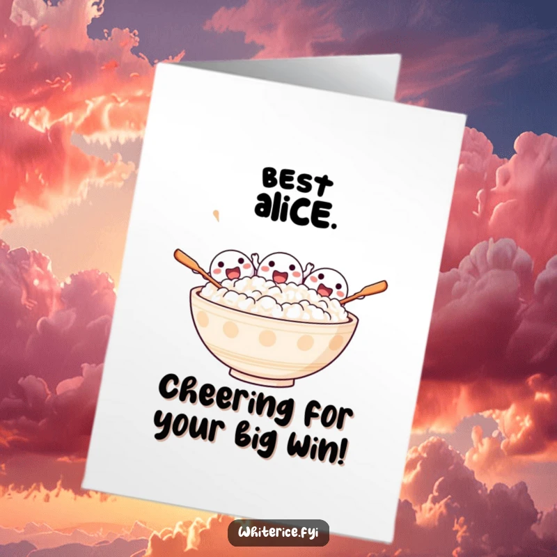 Funny Free Printable Congratulations Card featuring an elated bowl of rice characters cheering enthusiastically with spoons.