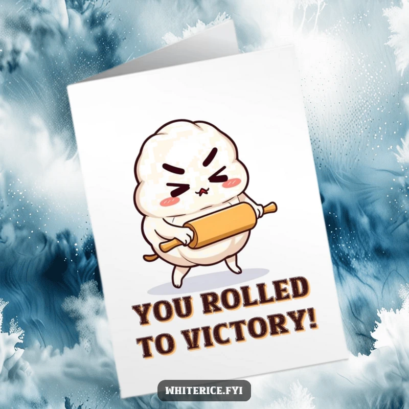 Funny Free Printable Congratulations Card of a determined rice dumpling character pushing a tiny rolling pin, celebrating a win.