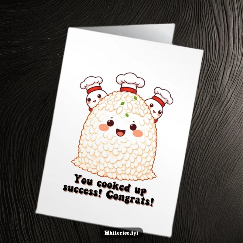 Funny Free Printable Congratulations Card showing proud rice characters donned in chef hats, celebrating achievements.