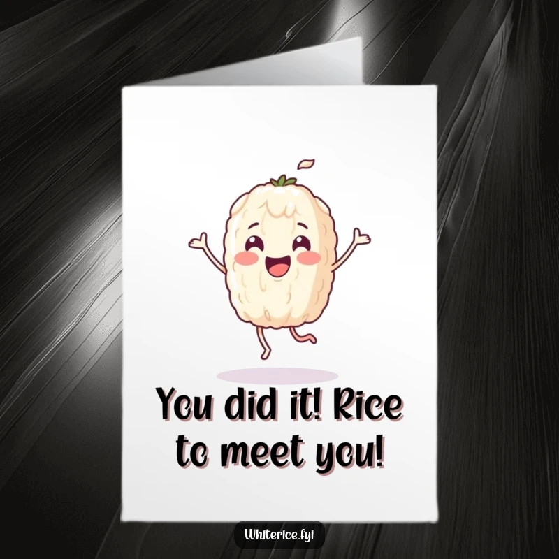 Funny Free Printable Congratulations Card showing a gleeful rice grain character performing an energetic celebratory dance.