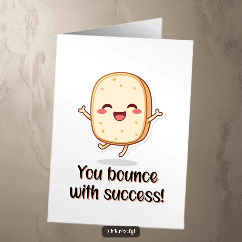 Funny Free Printable Congratulations Card featuring a happy rice cake character enthusiastically bouncing with joy.