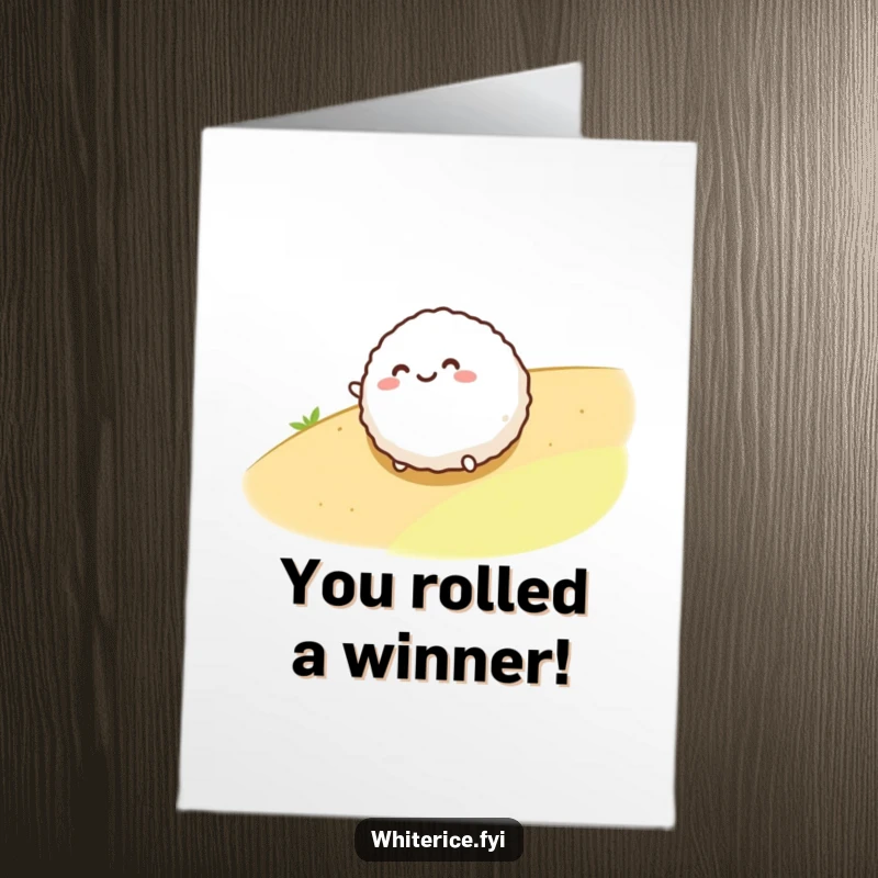 Funny Free Printable Congratulations Card with a happy, round rice ball character rolling down a slope.