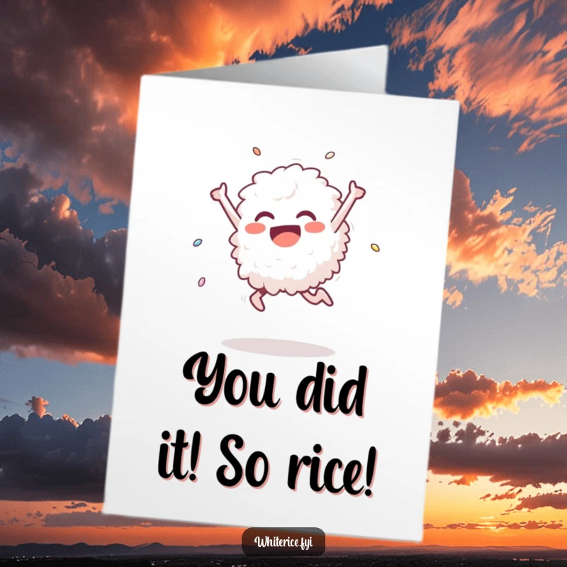 Funny Free Printable Congratulations Card of a happy rice grain doing a triumphant leap to celebrate achievements.