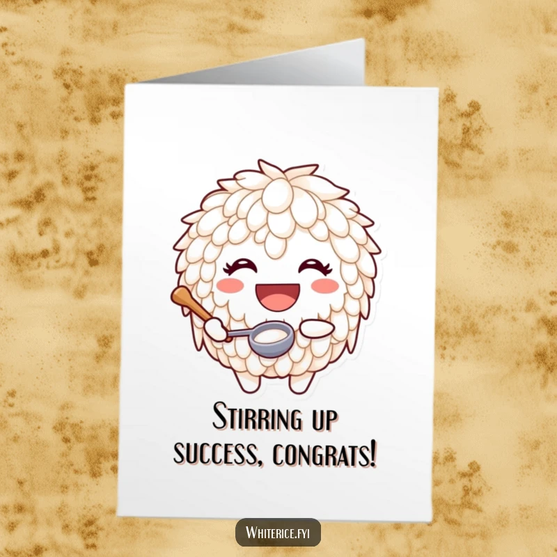 Funny Free Printable Congrats Card: A smiling rice character holds a tiny ladle, ready to celebrate.