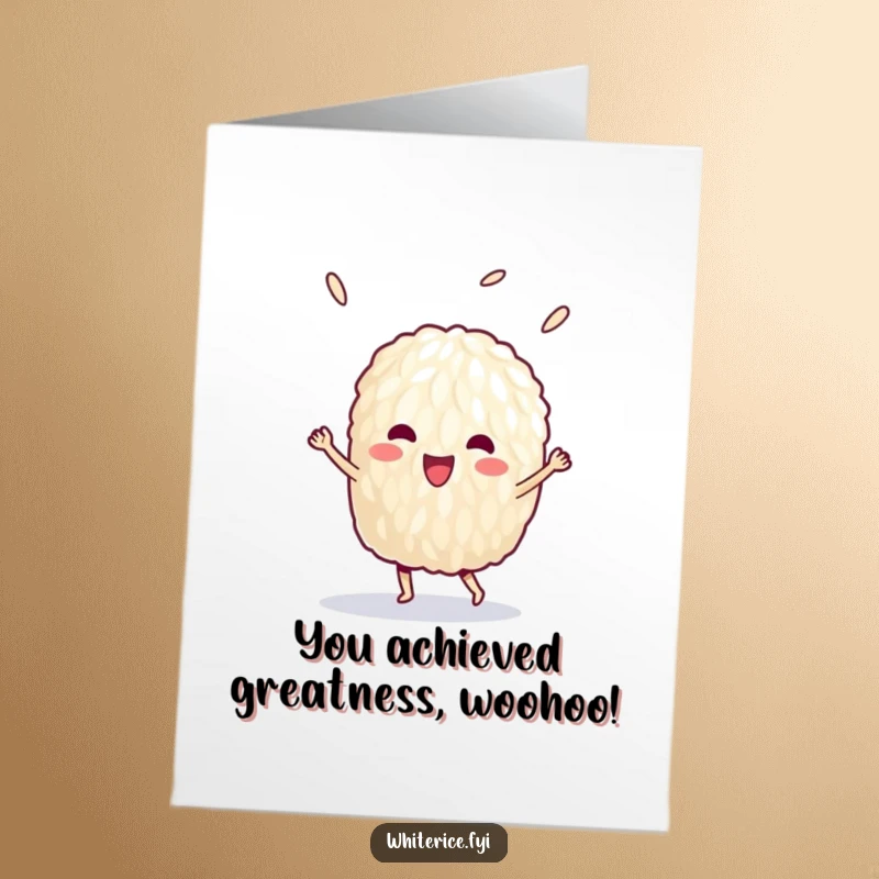 Funny free printable congratulations card showing a single, delighted grain of rice doing a triumphant victory dance.
