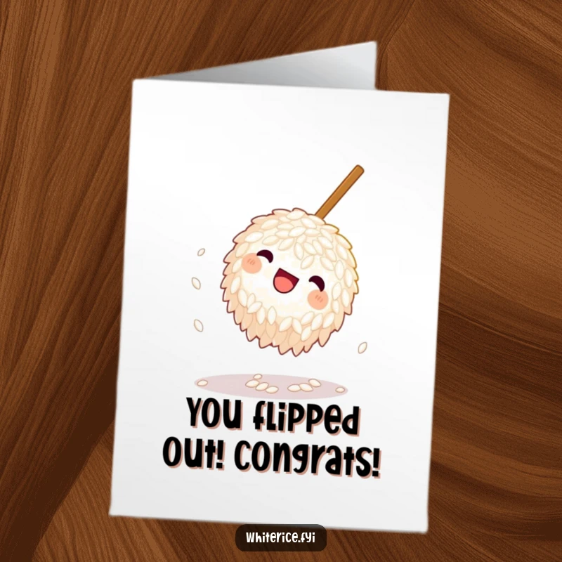 Funny Free Printable Congrats Card: Playful rice grain doing a somersault near a chopstick, celebrating success. Dynamic downloadable art.