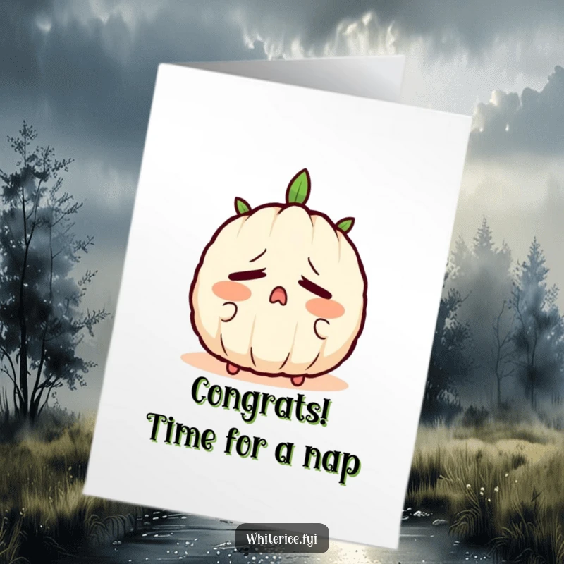 Funny Free Printable Congratulations Card showing a peaceful, sleepy rice grain character yawning contentedly.