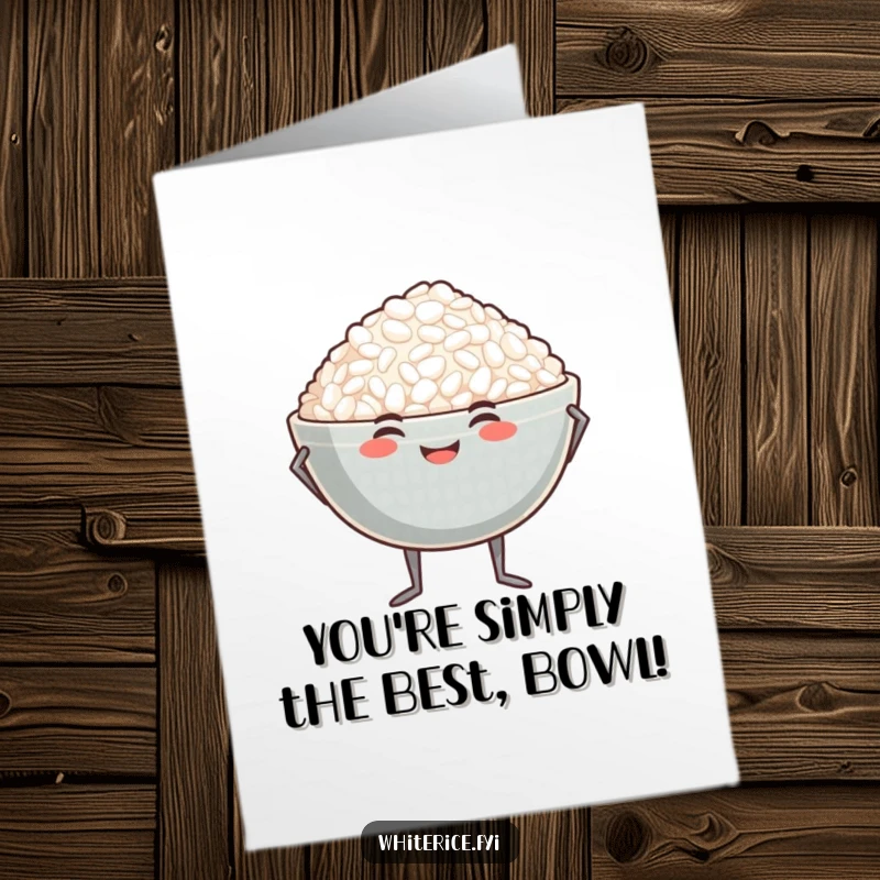 Funny free printable congratulations card showing a proud rice bowl character on tiny legs striking a confident pose.