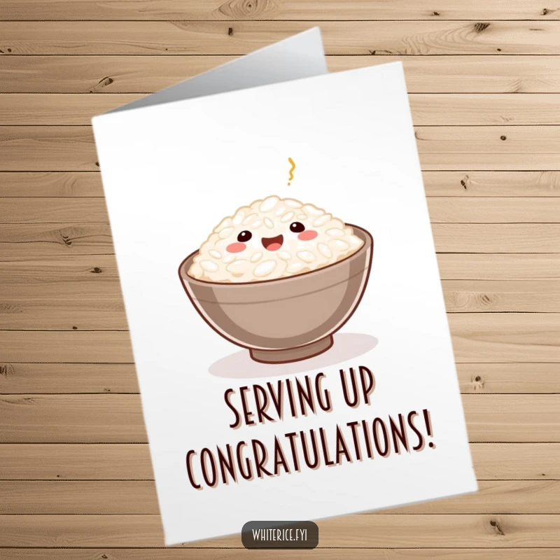 Funny Free Printable Congratulations Card: A happy rice grain is presented in a small bowl, symbolizing a well-deserved reward.