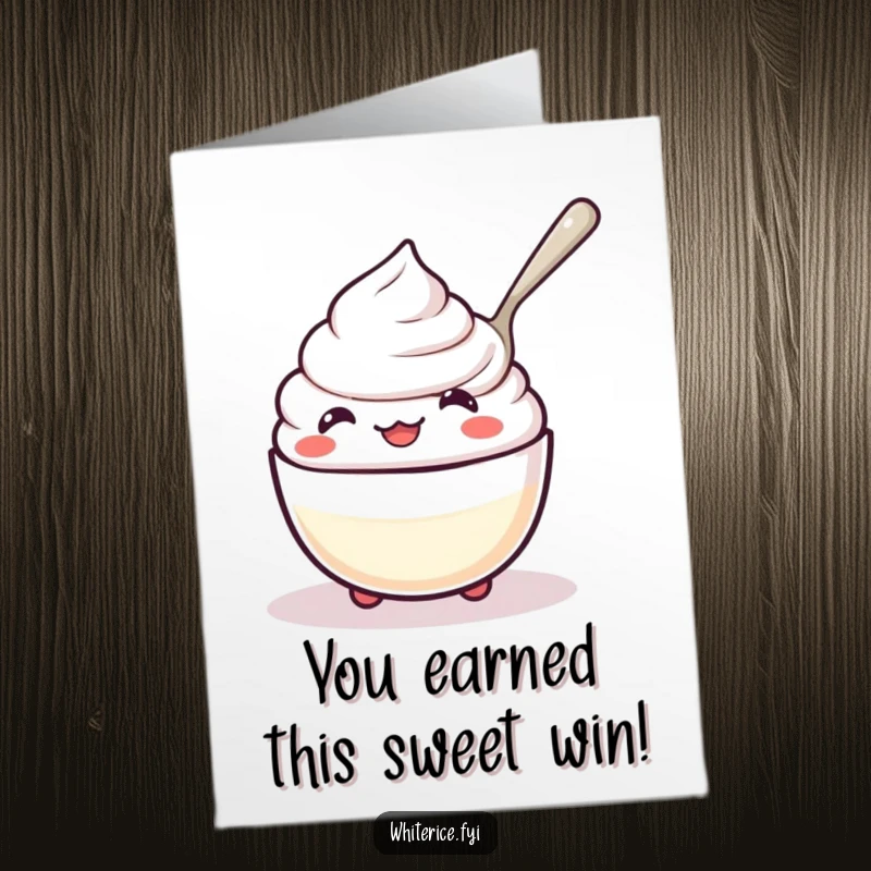 Free Printable Congratulations Card: Kawaii rice pudding gleefully spooning itself, a unique image of self-congratulation and joy.