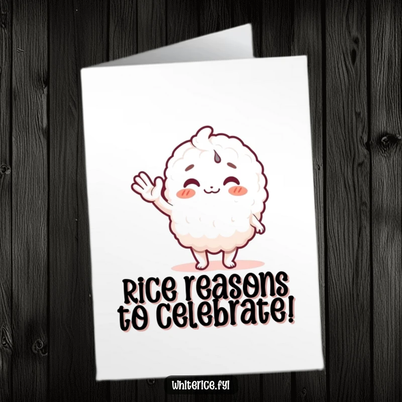 Funny Free Printable Rice character waving enthusiastically, ideal for a congratulations greeting card, quick downloadable surprise.