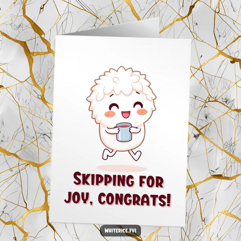 Funny free printable congratulations card: a playful rice character skipping with a measuring cup, embodying joyful success.