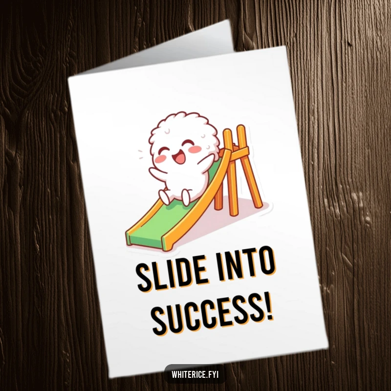 Funny Free Printable Congratulations Card featuring a giggling white rice character sliding down a slide, celebrating success.
