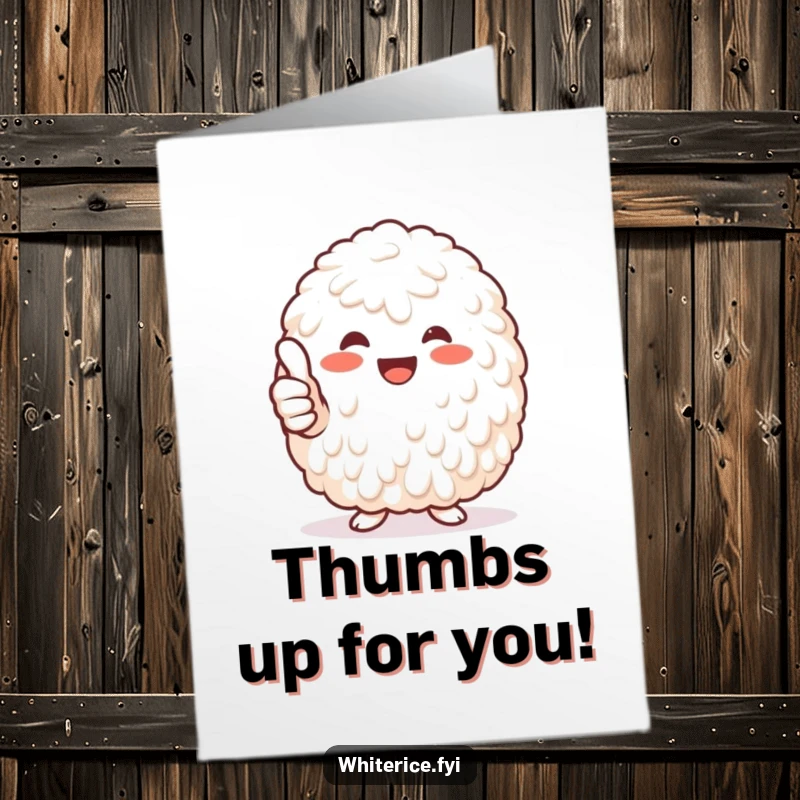 Funny Free Printable Congratulations Card: A happy mound of white rice giving a prominent thumbs-up, signaling approval and success.