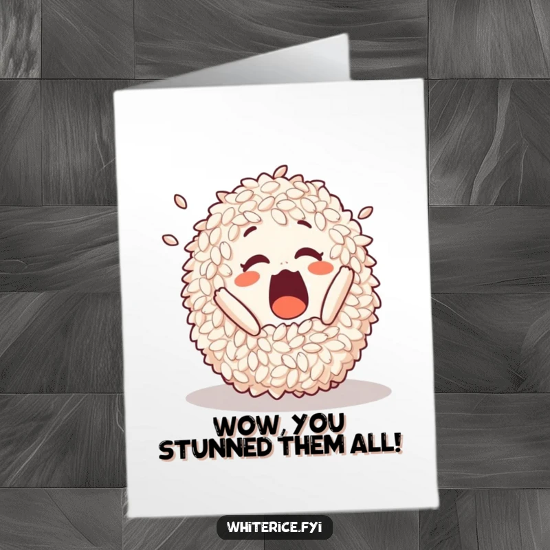 Funny free printable congratulations card showing a surprised pile of rice in a comical, playful tumble.