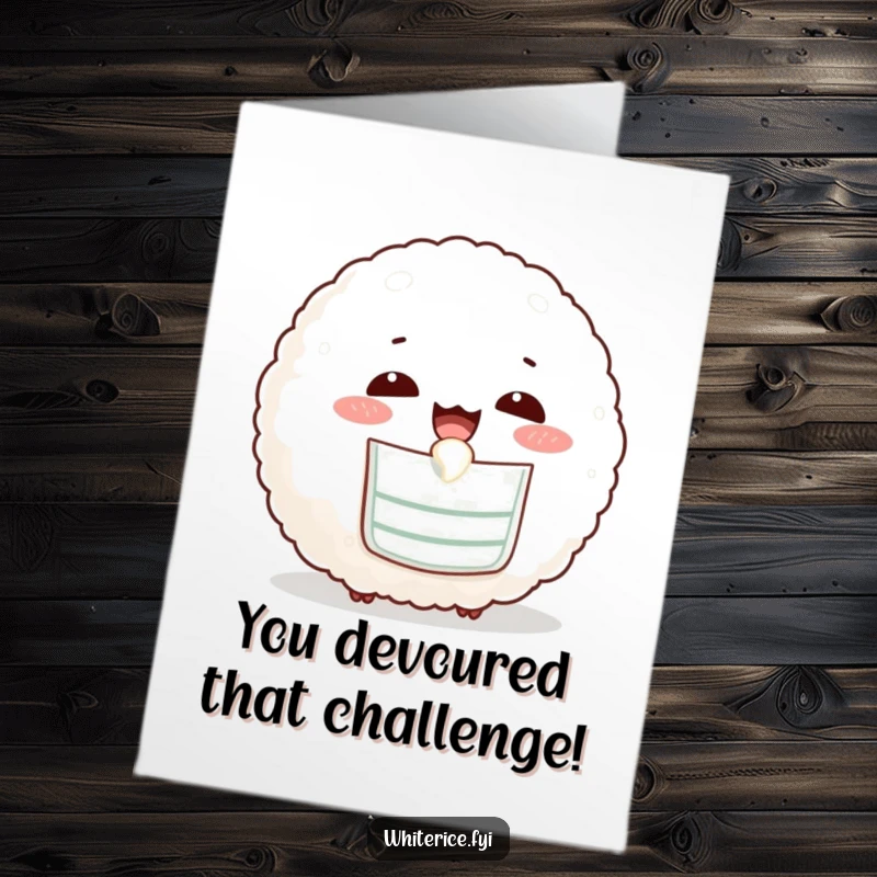 Funny free printable congratulations card featuring an amused, bibbed rice ball joyfully slurping its meal.