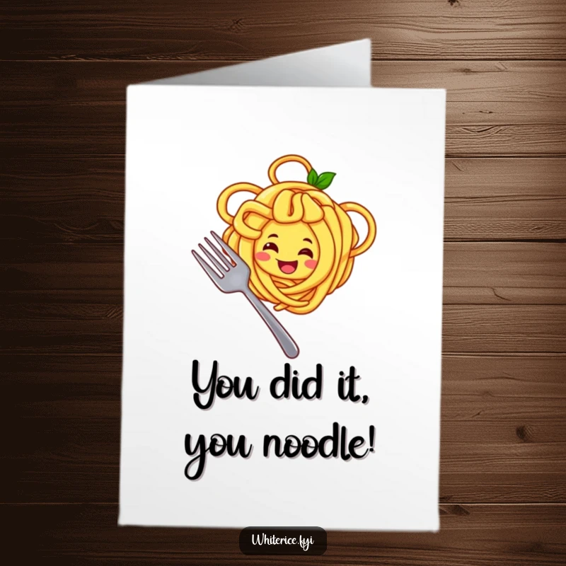 Funny Free Printable congratulations card showing a joyful yellow noodle character twirling around a fork, symbolizing celebrating success with enthusiasm.