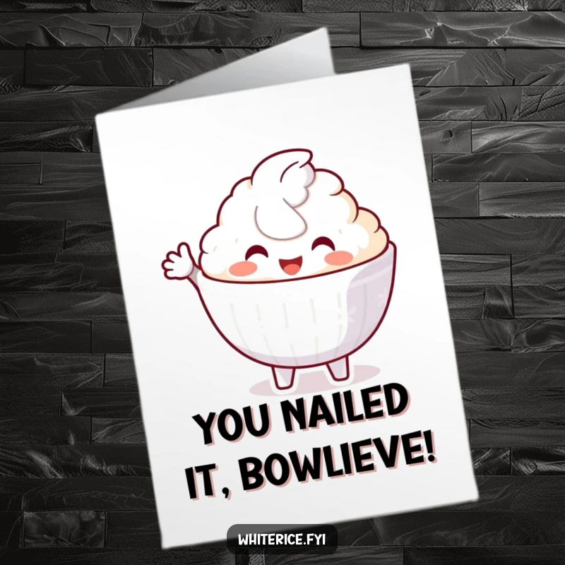 Funny Free Printable Congratulations Card: A delighted white rice bowl character offering a welcoming gesture, celebrating success with downloadable warmth.