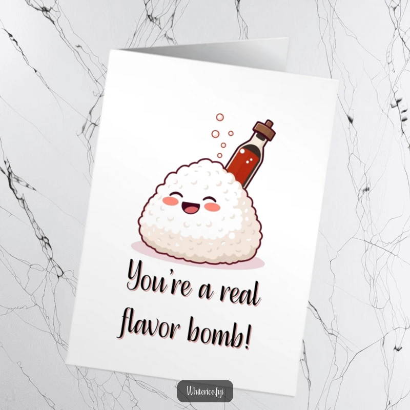 Funny Free Printable Congrats Card: Giggling rice laughs hysterically as a small soy sauce bottle sprays it.