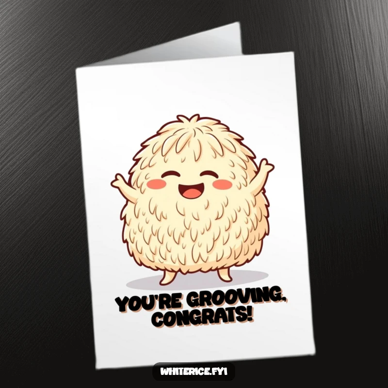 Funny Free Printable Congrats Card: A happy rice mound is captured mid-silly dance move, giggling.