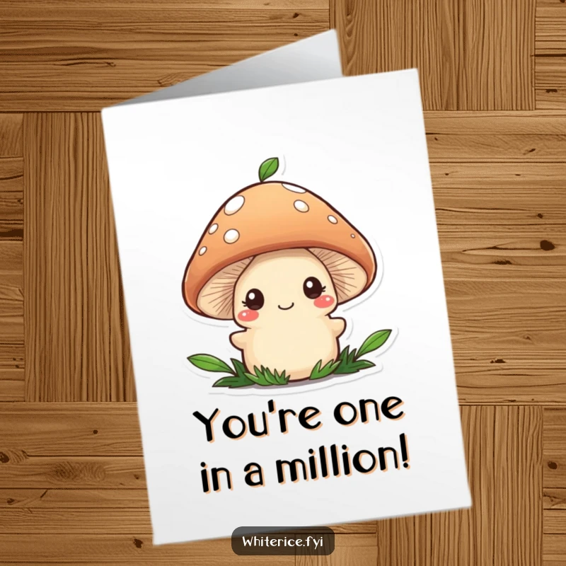 Funny Free Printable congratulations card with a wobbly brown mushroom character shyly smiling as it adds a garnish, celebrating achievement.