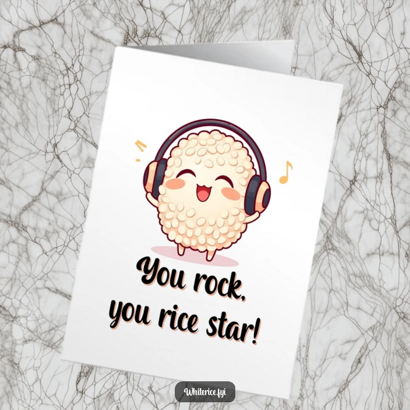 Funny Free Printable Congratulations Card: A happy grain of rice with earmuffs enjoys music, celebrating your amazing achievement with a beat.