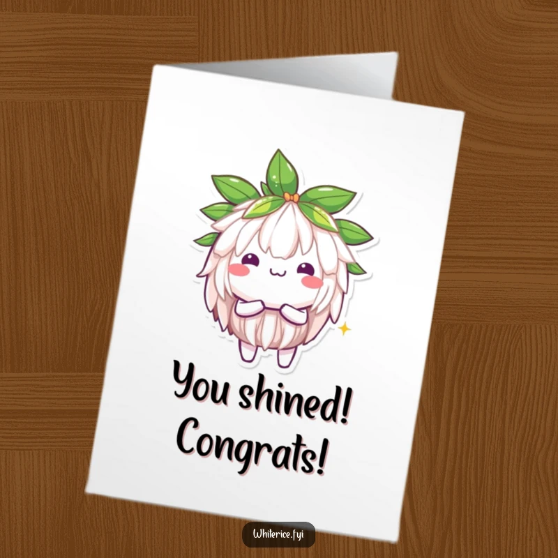 Funny Free Printable Congrats Card: A luminous Kawaii jasmine rice character shining brightly to honor success.
