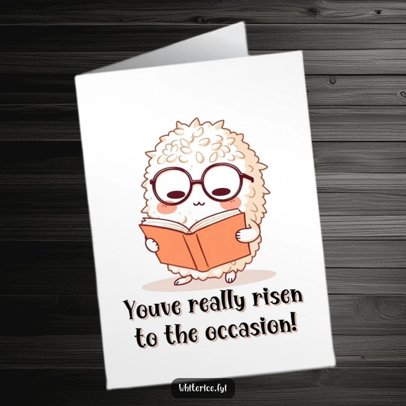 Funny Free Printable Rice Congratulations Card: a bewildered rice ball in glasses intently reading a massive book.
