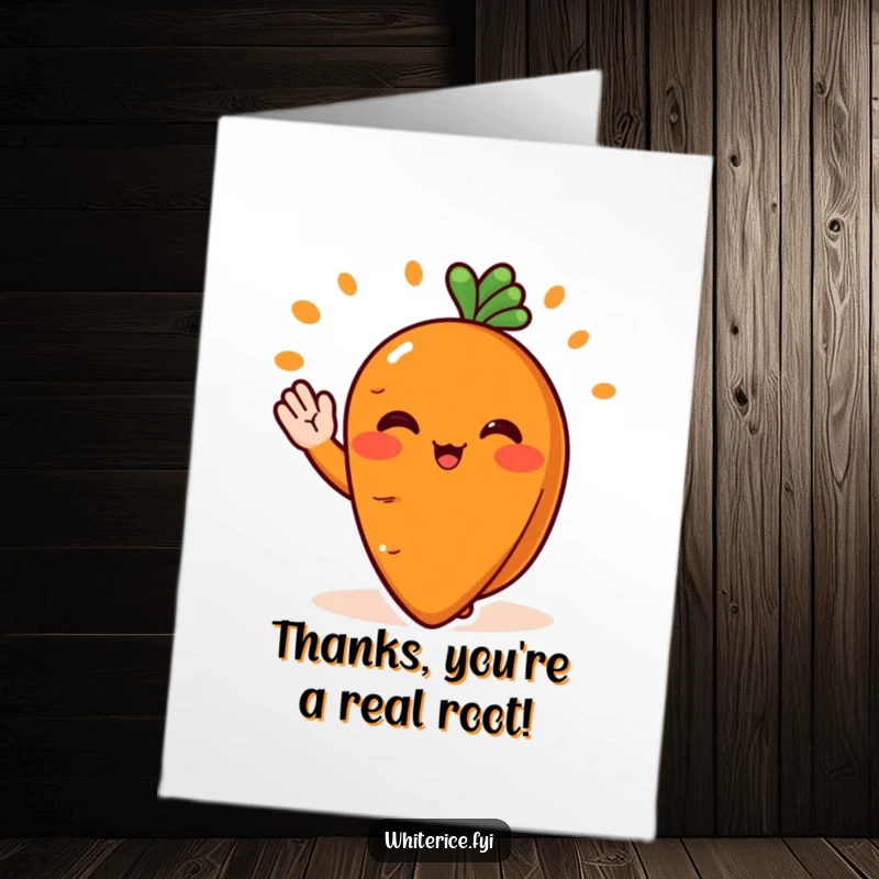 Funny Free Printable thank you card featuring a blushing orange carrot slice character cheerfully waving as it serves a perfect portion, expressing gratitude.